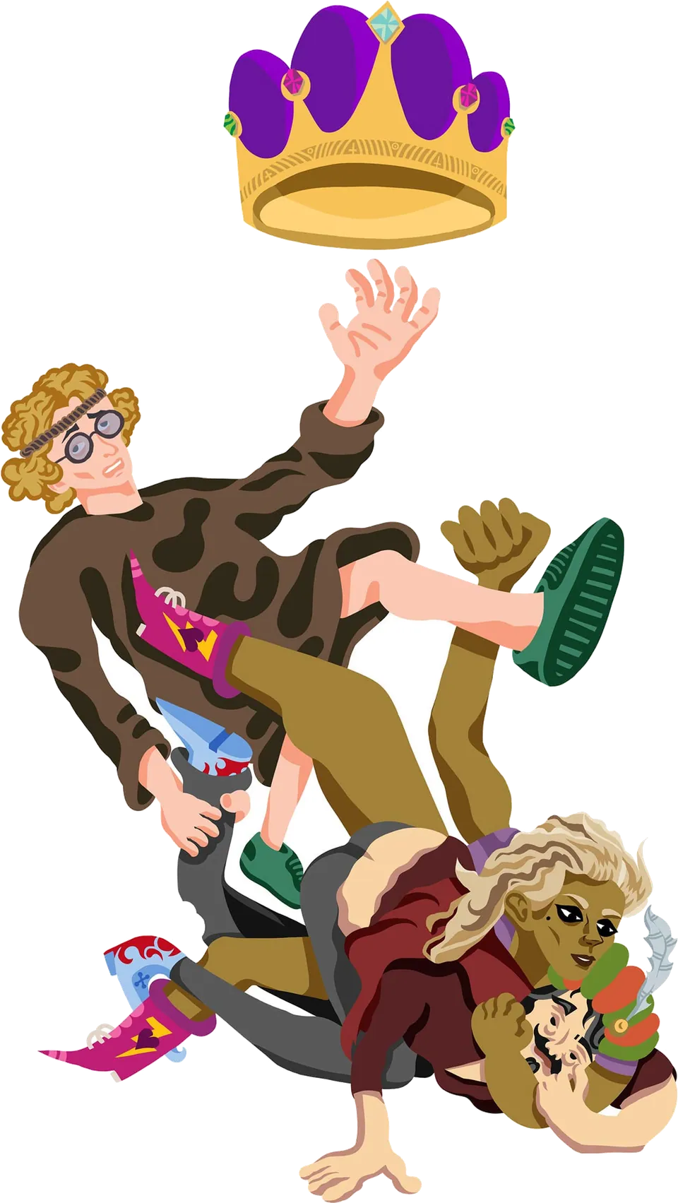 Three villagers wrestle each other to grab a falling crown