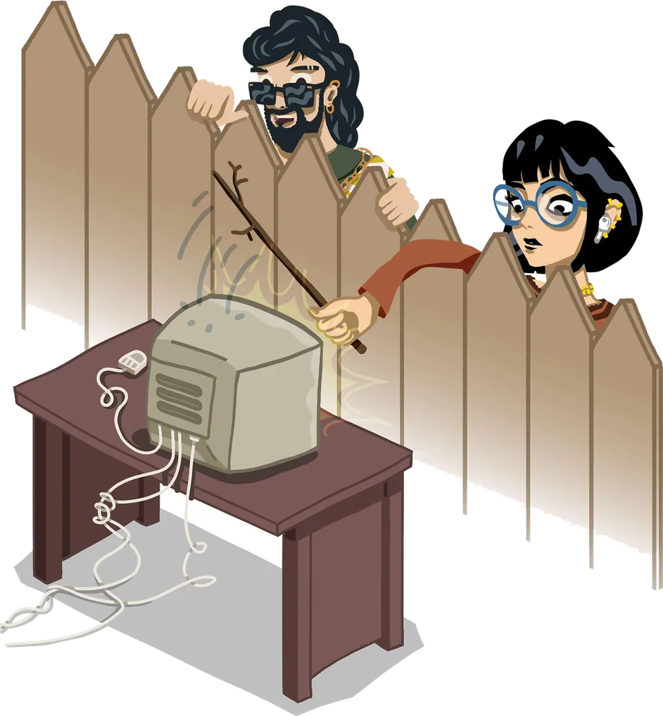 The Priest and the Royal Advisor peek over a fence at a strange buzzing machine