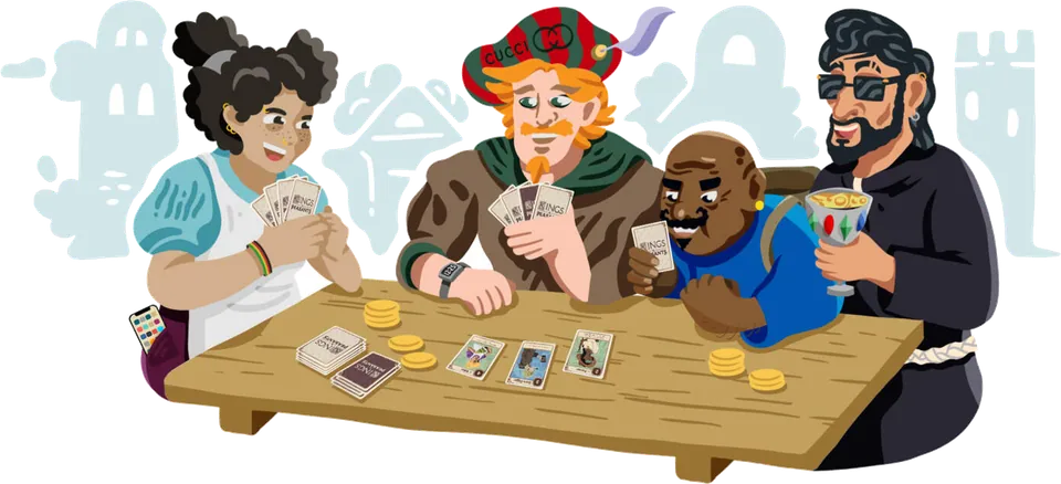 Four characters argue over a game of Crown Shuffle at a tavern table